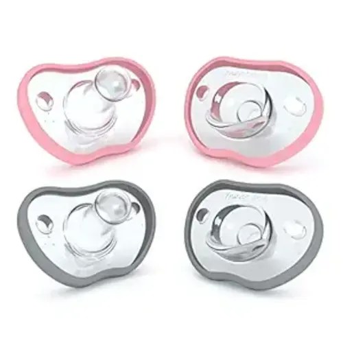 Nanobebe Baby Pacifiers 0-3 Month - Orthodontic, Curves Comfortably with Face Contour, Award Winning for Breastfeeding Babies, 100% Silicone - BPA Free. Baby Registry Gift 4pk,Pink/Grey - 4 Count (Pack of 1) - 0-3 Months Pink/Grey