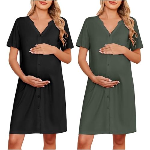 Ekouaer 2 Pack Maternity Nightgown Button Down Nursing Gown 3 in 1 Breastfeeding Sleepwear V Neck Short Sleeve Delivery Dress