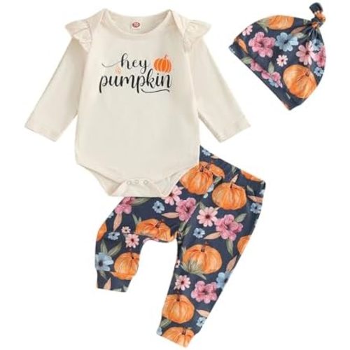 Newborn Baby Girl Halloween Outfit Ruffle Sleeve Pumpkin Face Romper Long Pants Headband 3 Piece Frist Fall Clothes