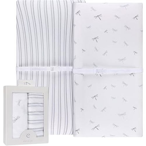 Ely's & Co. Changing Pad Cover - Cradle Sheet Set 2 Pack 100% Jersey Cotton for Baby Boy Blue Dragonflies + Stripes