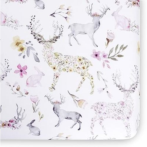 Oilo Crib Sheet, Breathable 100% Turkish Cotton Fitted Jersey, 300 Thread Count, Machine Wash, Fits Standard Crib (28" x 52" x 6"), Toddler Bedding, Girl, Boy, & Neutral Nursery Design, Woodland Fawn