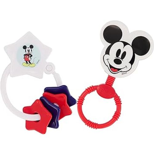 2 Pack Disney Mickey Character Shape Rattle and Keyring Teether, Premium Toddler Birthday Toys, Infant Teething Toys, Great for Newborn Shower Gifts