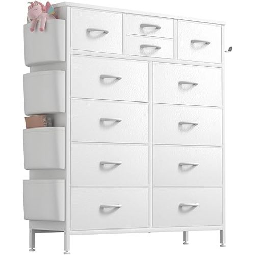 Lulive Dresser for Bedroom with 12 Drawers, Tall Dresser Chest of Drawers with Side Pockets and Hooks, Fabric Dresser Storage Tower for Closet, Hallway, Living Room (White)