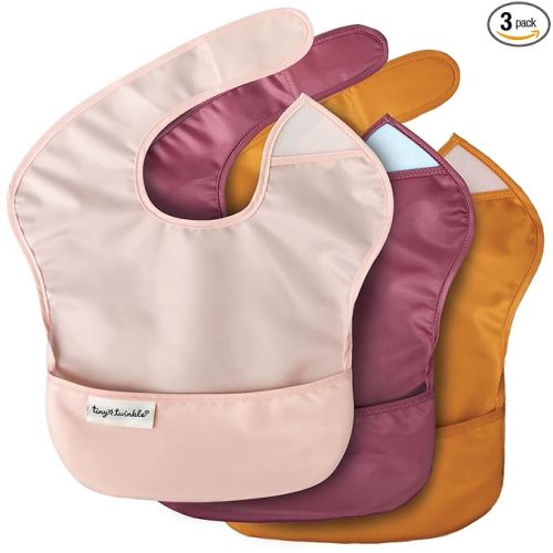 Tiny Twinkle Mess-Proof Baby Bibs for Eating | Waterproof, Wipeable Toddler Bibs with Catch-All Pocket | Feeding Bibs for Girls & Boys(3 Pack,Blush, Burgundy)
