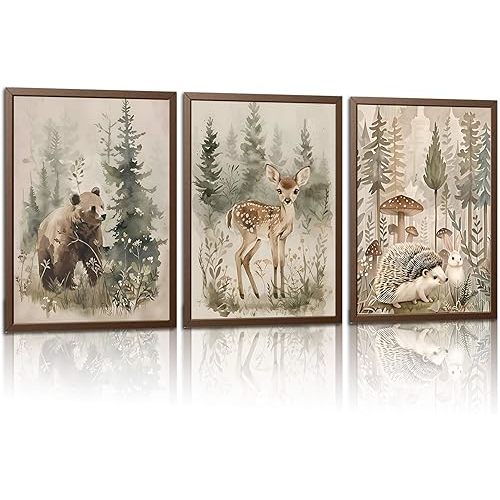 3 Pcs Woodland Nursery Wall Art Wild Animals Forest Wall Decor Pictures Adventure Theme Deer Bear Canvas Posters Prints for Boys Room Girls Room Home Decoration Unframed 12inx16in