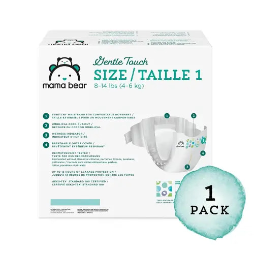 Amazon Brand - Mama Bear Gentle Touch Diapers, Hypoallergenic, Size 1, 196 Count (4 packs of 49), White