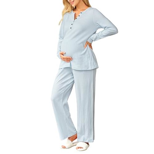 OUGES 100% Cotton Womens Maternity Nursing Pajamas Sets 2 Piece Pregnancy Delivery Postpartum Lounge Pjs with Pockets