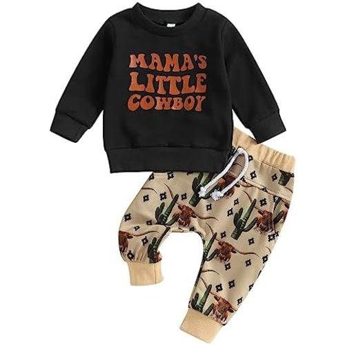 SAYOO Western Baby Boy Clothes Cow Print Sweatshirt Pullover Top Jogger Pants 2Pcs Toddler Boy Cowboy Fall Winter Outfits