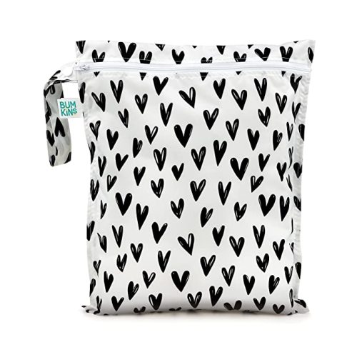 Bumkins Waterproof Wet Bag, Washable, Reusable for Travel, Beach, Pool, Stroller, Diapers, Dirty Gym Clothes, Wet Swimsuits, Toiletries, 12x14 – Black Hearts