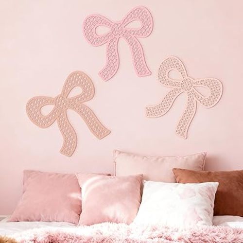 3 Pcs Boho Bow Wall Decor Pink Bow Nursery Decoration Coquette Room Decor Wooden Woven Macrame Wall Hanging Pink Preppy Decoration for Nursery Dorm Girls Room