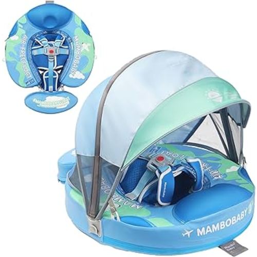 Mambobaby Baby Pool Float with Canopy Non Inflatable Toddler Swim Float with Upgraded Tail Removable Sun Canopy Safety Swimming Tranier No Flip Over for Age 3-24 Months, Blue Earth