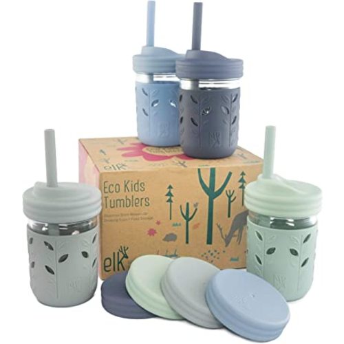 Elk and Friends Kids & Toddler Cups | The Original Glass Mason jars 8 oz with Silicone Straws with Stoppers | Smoothie Cups | Spill Proof Sippy Cups for Toddlers