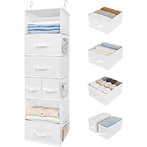 GRANNY SAYS Hanging Closet Organizer and Storage, 6 Shelf Clothes Organization with Drawers, 6 Side Pockets Closet Hanging Shelves for Bras, Socks, Underwear, Nursery Room, Wardrobe, White, 1-Pack