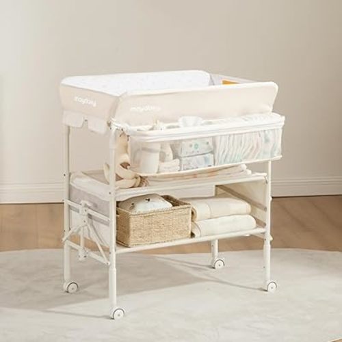 Maydolly Baby Changing Table, Portable Foldable Changing Table, Waterproof Diaper Changing Station, Adjustable Height Changing Station, Mobile Nursery for Newborn and Infant (Beige Without Drawer)