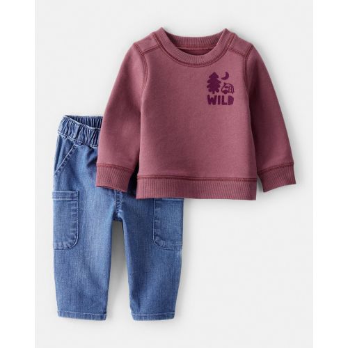 6M Baby Boy 2-Piece Camping Fleece Sweatshirt & Pant Set - Maroon/Blue | Carter's