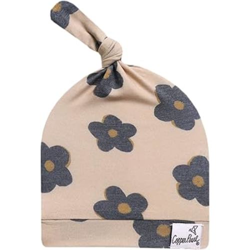 Copper Pearl Baby Beanie Hat Top Knot Stretchy Soft Gemma in Tan