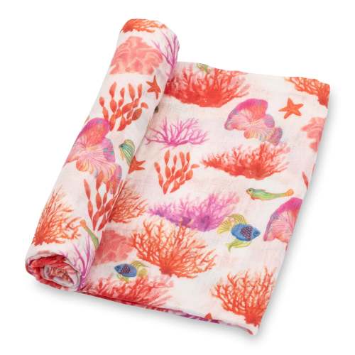 LollyBanks Swaddle Blanket, 100% Cotton Muslin Swaddle Blankets, Neutral Swaddle Blanket 47 x 47 Inches, Baby Blanket for Boys and Girls, Baby Essentials, Registry (Coral Print)