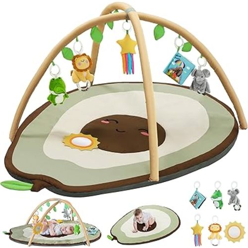 Baby Play Gym Mat & Activity Mat, Baby Tummy Time Mat, Large Avocado Shaped Playmat with 6 Detachable Toys for Motor Skills & Sensory Development, Washable Infant Baby Essentials, Olive Green