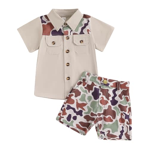 Mobbdow Toddler Baby Boy Hunting Outfit Duck Camo Button Down Short Sleeve Shirt Top and Shorts Set 2Pcs Summer Outfits