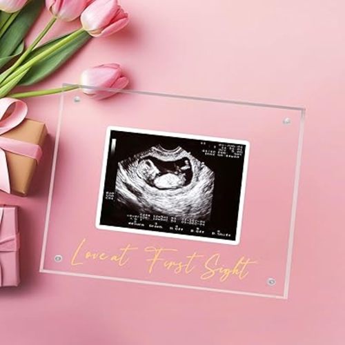 Ultrasound Picture Frame, Sonogram Love at First Sight Baby Keepsake Frame, 6'' x 7'' Acrylic Gender Reveal Decorations Ideas Expecting Mom Parents to be Unique Gifts for Pregnant