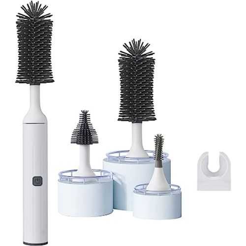 Electric Baby Bottle Brush Cleaner Set with Electric Bottle Brush, Silicone Water Bottle Cleaner,Nipple/Gap/Straw Brush,Rechargeable Automatic Bottle Cleaner Brush, White