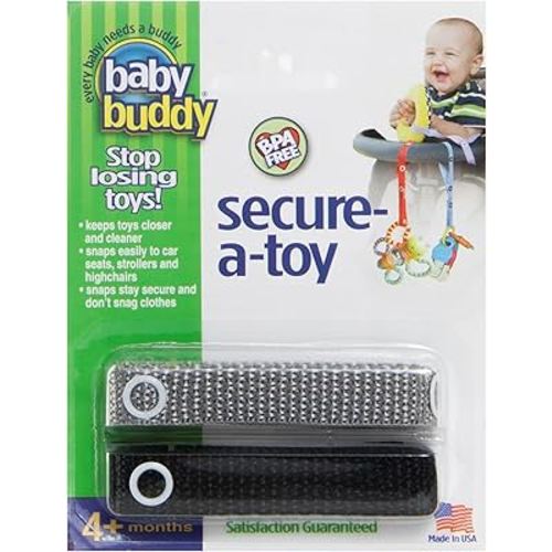 Baby Buddy Secure-a-Toy, Adjustable Pacifier and Teether Strap for Stroller, Highchair, and Car Seat, Black Gray, 2 Pack