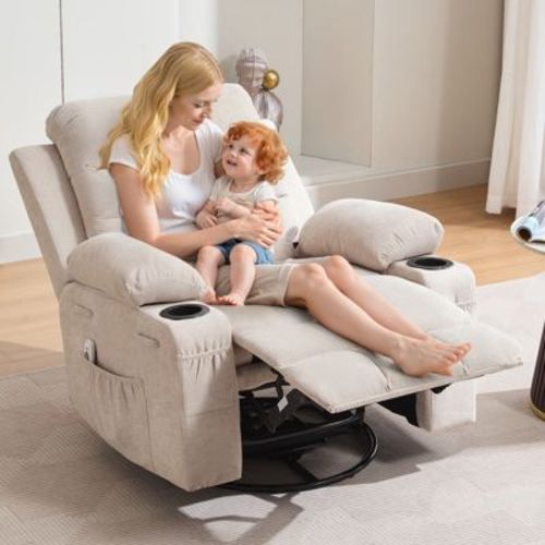 COZONY Oversized Nursery Recliner Chair, 360° Swivel Glider Rocker with Heat & Massage, Cup Holders & Storage, for Bedroom, RV, Living Room