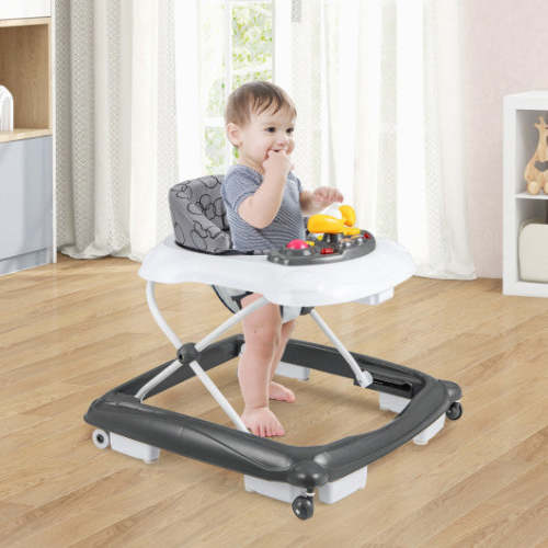 Foldable Baby Walker With 3 Adjustable Heights and Padded Seat-Gray