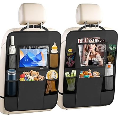2 Pack Car Backseat Organizer with Touch Screen Tablet Holder,6 Storage Pockets Protectors Kick Mats,Car Back Seat Cover Protector Travel Accessories for Kids