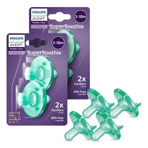 Philips Avent Soothie Orthodontic Baby Pacifiers, 100% Silicone Pacifiers, One Piece, BPA-Free, For Babies 3-18 Months, Green, 4 Pack, Model SCF192/45