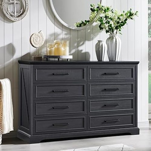 Farmhouse 8 Drawers Dresser Chests for Bedroom,52" Wide Wood Rustic Chest of Drawers with Metal Handle,Natural Texture,Drawer Organizer for Bedroom,Living Room,Hallway and Entryway,Black