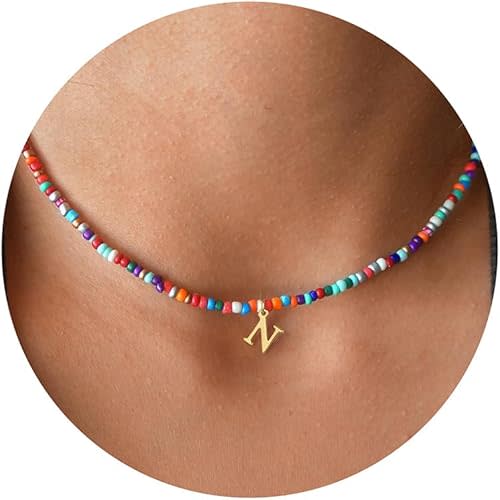 Yoosteel Colorful Beaded Initial Necklaces for Girls Women Gifts - Cute Beaded Necklace Bohemian Initial Necklace Jewelry for Girls Teen Girls Gifts Christmas Birthday Gifts for Girls