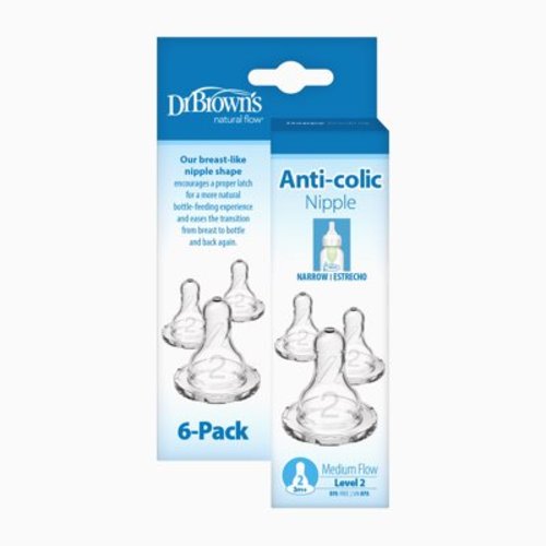 Dr. Brown's Level 2 Medium Flow Baby Bottle Nipple, 3m+, 100% Silicone, Anti-Colic, Breast-like, 6 Pack