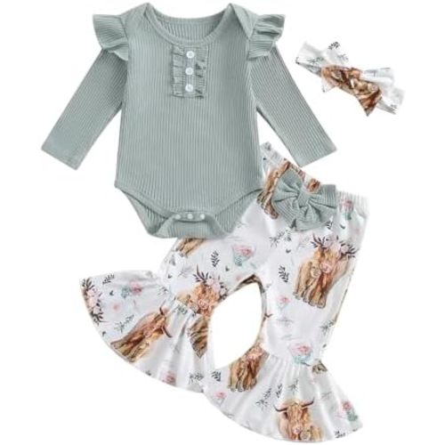 MERSARIPHY Newborn Baby Girl Clothes Ribbed Knit Ruffle Romper Bodysuit Bell-Bottom Pant Set 3Pcs Infant Fall Winter Outfits