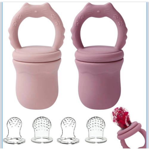 Socub 2 Pack Mesh Fruit Food Feeder Teether, Silicone Frozen Feeders for 3M+ Baby Safe Self Feeding, 3 Sizes Food Pouches Included, Suitable for Babies Teething Relief (Rose, Dusty Lilac)