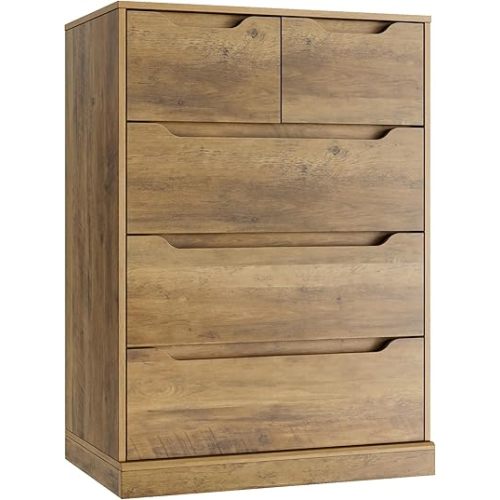 HOSTACK Modern 5 Drawer Dresser for Bedroom, Chest of Drawers with Storage, Wood Storage Chest Organizers with Cut-Out Handles, Accent Storage Cabinet for Living Room, Entryway, Hallway, Rustic Brown