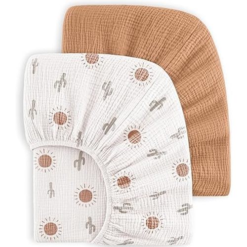 Bearmoss Muslin Crib Sheets 100% Cotton Baby Crib Sheets Fitted for Standard Crib Mattress & Toddler Bed Mattress 52"x28" Soft Breathable Crib Sheet Neutral for Boys Girls - 2 Pack(Sun Cactus)