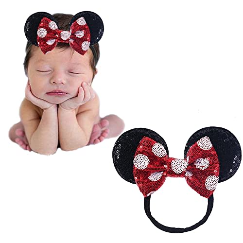 JIAHANG Mouse Ears Sequin Bow Nylon Hairband with Polka Dot, Hair Bow Headband, Soft Elastic Headwear for Baby Girl Newborn Toddler, kids, Party Supplies