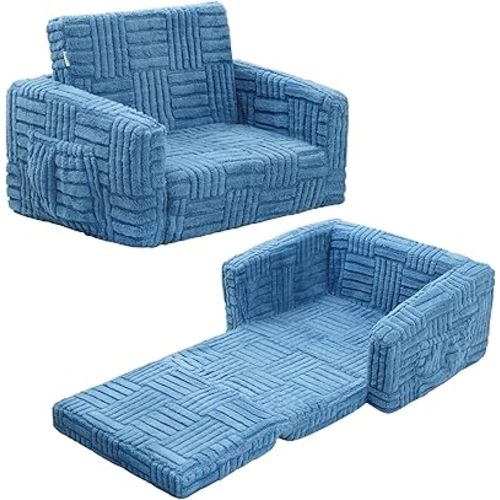 Kids Sofa, Toddler Chair, 2-in-1 Flannel Kids Fold Out Couch, Toddler Convertible Sofa to Lounger, Flip Open Toddler Couch for Kids (Blue)