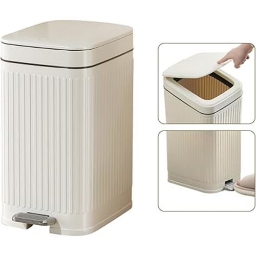 Bathroom Trash Can with Lid White, Small Trash Cans Bedroom, Plastic Room Trash Bin, Waste Basket for Bathroom, Space-Saving Design, White Trashcan for Bedroom Garbage Can,1.85 Gal
