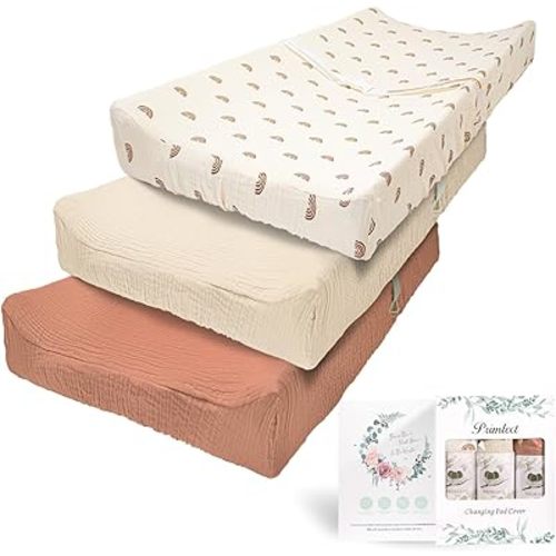 Muslin Changing Pad Cover for Boys Girls 100% Cotton Fitted Baby Diaper Changing Table 3 Pack Soft and Breathable for Standard Changing Table Topper 32"x16"