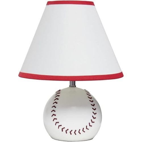 Simple Designs LT1080-BSB SportsLite 11.5" Tall Athletic Sports Baseball Ceramic Bedside Table Desk Lamp w White Empire Fabric Shade w Red Trim for Kids' Room, Nursery, Bedroom, Game room, Mancave