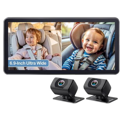 2-Kids Baby Car Camera for Seat: 6.9 Inch Ultrawide Display with Two Cameras Rear Facing - USB Powered Backseat Camera HD 1080P Easy to Install
