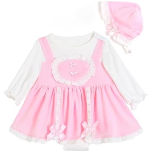 Baby Girl Romper Long Sleeve Lace Trim Bodysuit Jumpsuit Spring Fall with Hat or Headband