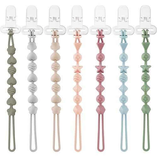 PandaEar 7 Pack Silicone Pacifier Clips, Pacifier Holder with One Piece Design for Baby Boys & Girls 3 Month+, Teething Toys Teethers