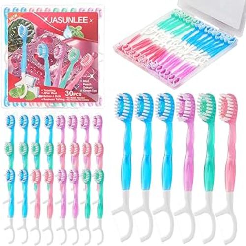 JASUNLEE 30Pack Disposable Toothbrushes with Toothpaste Tongue Scraper Floss Pick 5-in-1 Mini Portable Pre-Pasted Travel Toothbrush On The Go Toothbrush for Kids Adult