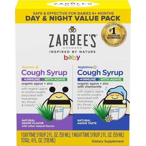 Zarbee’s Baby Day & Night Cough Medicine & Syrup Value Pack with Organic Agave + Zinc for Immune Support, Natural Grape Daytime & Chamomile Nighttime, Baby Cough Medicine, 2 x 2 fl oz