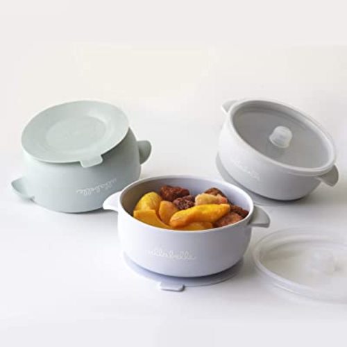 Silicone Baby Bowls with Lids | Toddler Food Storage Bowls | 100% Food Grade Silicone | BPA Free and Nontoxic Material | Independent Feeding (Blue/Sage/Grey, 3 Bowls)