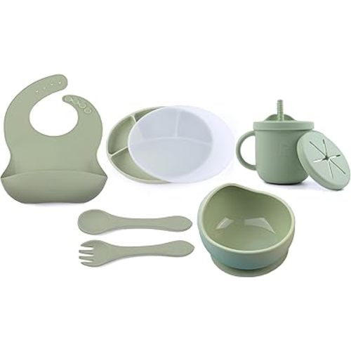 Silicone Feeding Utensils Set 8Pcs For Baby- Led Weaning Essentials-Divided Suction Plate-Lid-Bowl-Fork-Spoon-Adjustable Bib-2in1 Drinking + Snack Cup, Gift for Infant and Toddler (Oliver Green)