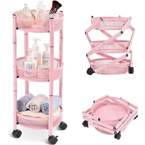 TOOLF 3-Tier Metal Storage Rolling Cart, Collapsible Fruit Rolling Basket Round, Foldable Storage Organizer with Wheels for Kitchen, Living Room, Bathroom, Assembly-Free, Pink